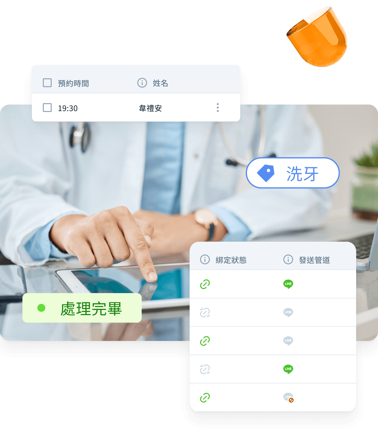 整合 LINE 官方帳號及多家 HIS 病歷系統,支援牙醫、中醫、西醫以及醫美等全科別診所,自動同步約診表、病患資料以及掛號紀錄。